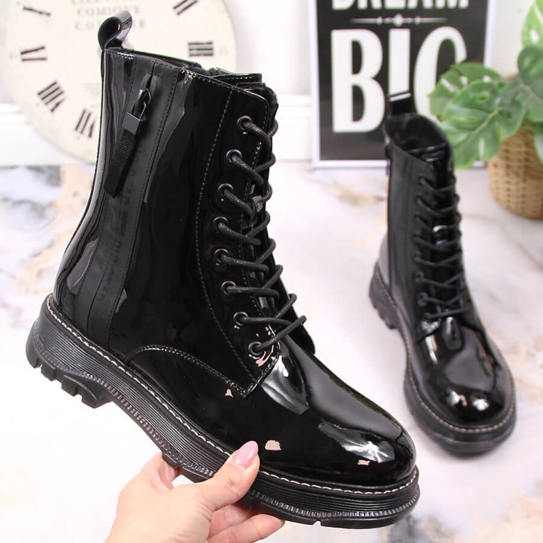 Botas femininas de couro envernizado preto com isolamento Big Star preto KK274489 1