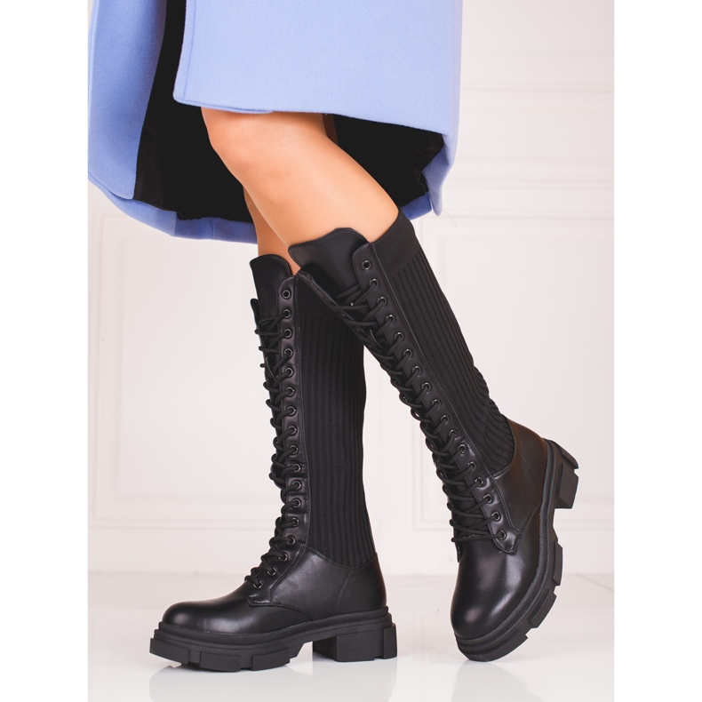 Botas femininas com cadarço com cabedal Shelovet flexível preto 1