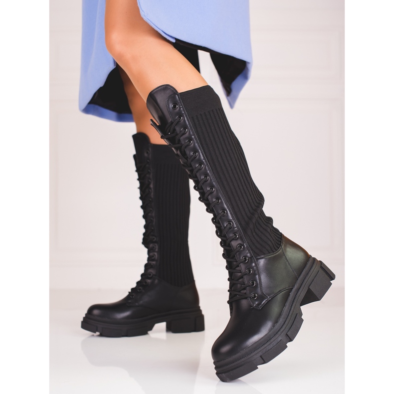 Botas femininas com cadarço com cabedal Shelovet flexível preto 2