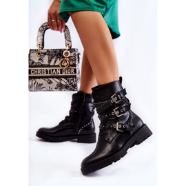 PG1 Botas quentes femininas com tiras Lambert preto liso 1