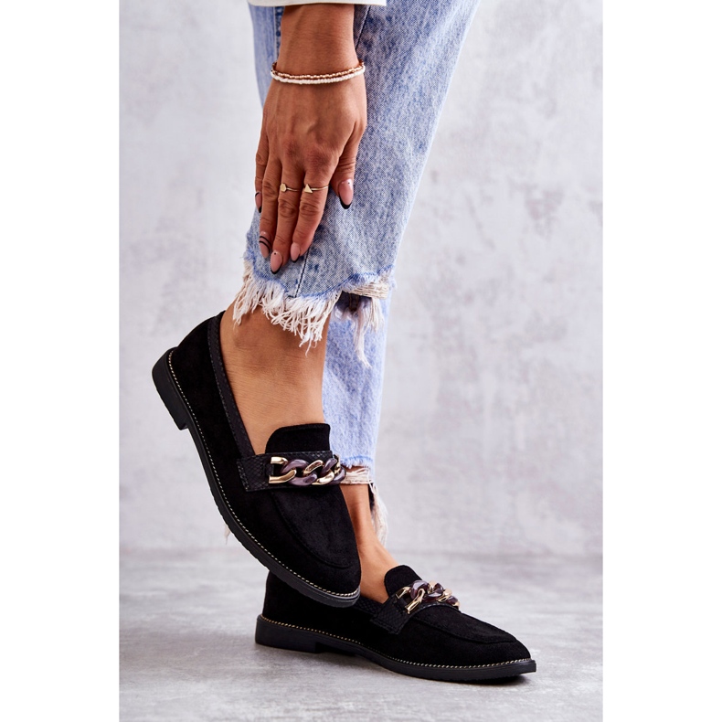 FB2 Mocassins femininos de camurça com uma corrente de unhas pretas preto 3