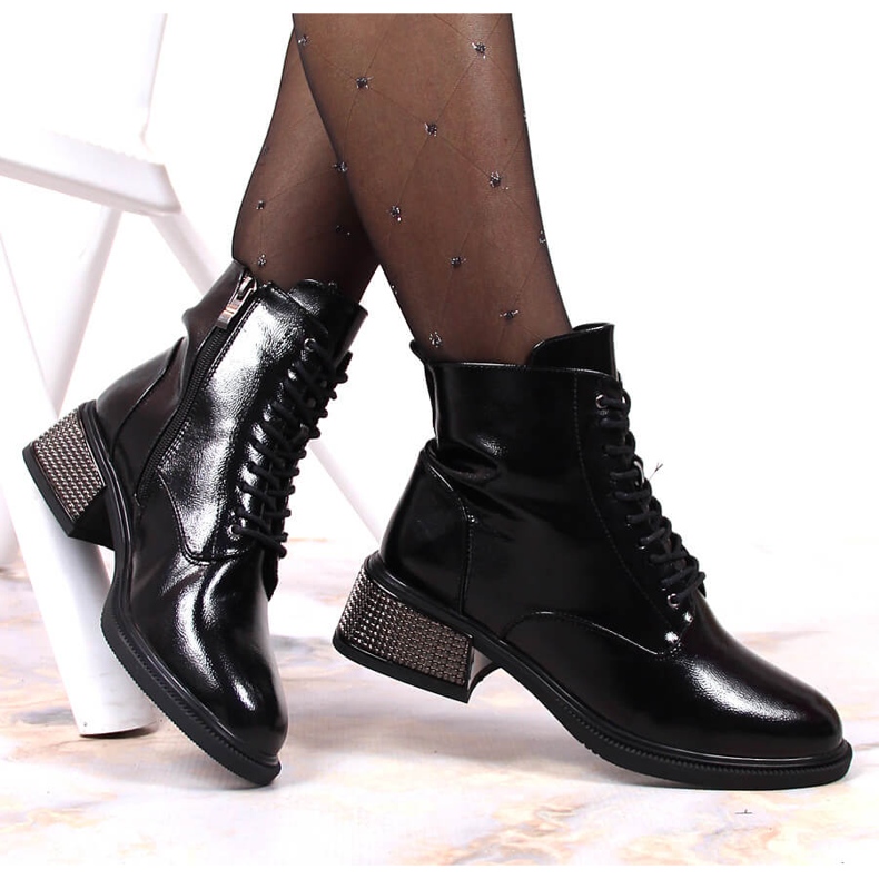 Botas femininas lacadas com salto decorativo, isolamento preto Filippo 1