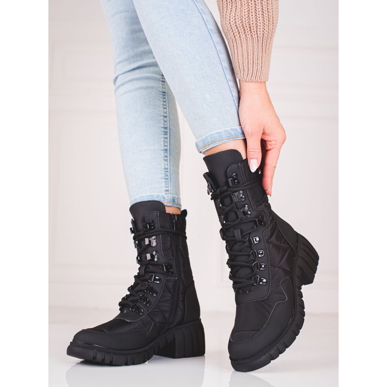 Botas femininas com cadarço na plataforma Shelovet preto 2
