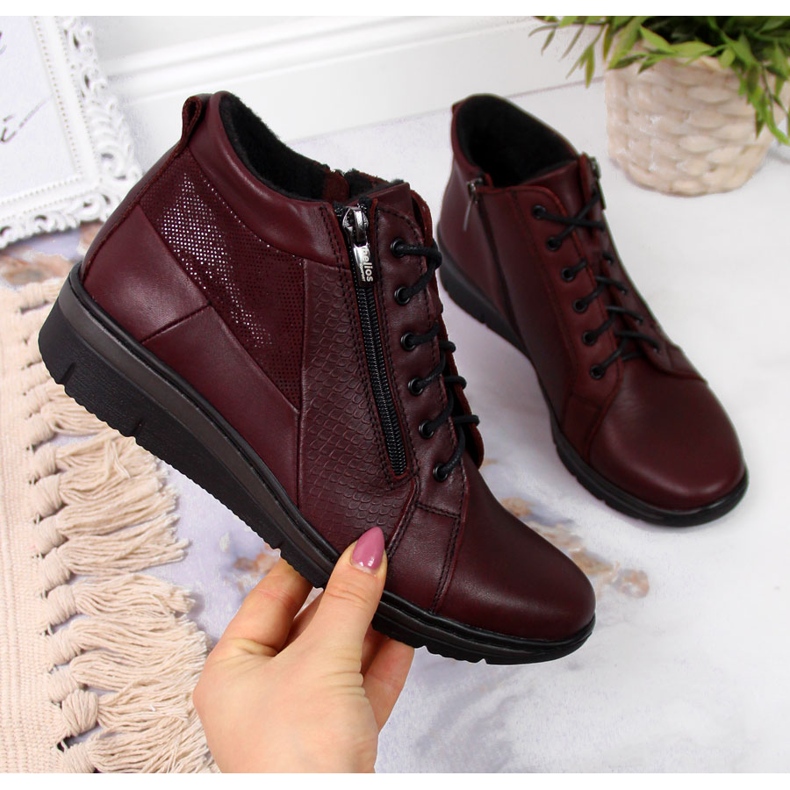 Botas femininas de couro com salto de cunha Helios 567 vermelho 2