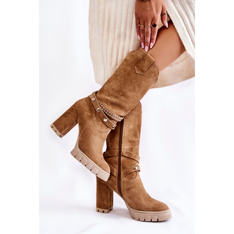 Botas femininas de salto alto Lewski Shoes 3246 Bege marrom 2