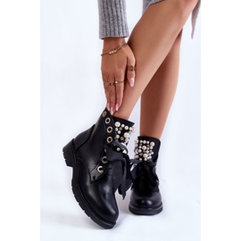 Botas Femininas Com Pérolas, Fita Perla Quente preto 1