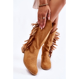 PG2 Botas de cowboy femininas de camurça com franjas Camel Haddy castanho 1