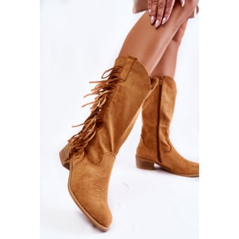 PG2 Botas de cowboy femininas de camurça com franjas Camel Haddy castanho 2