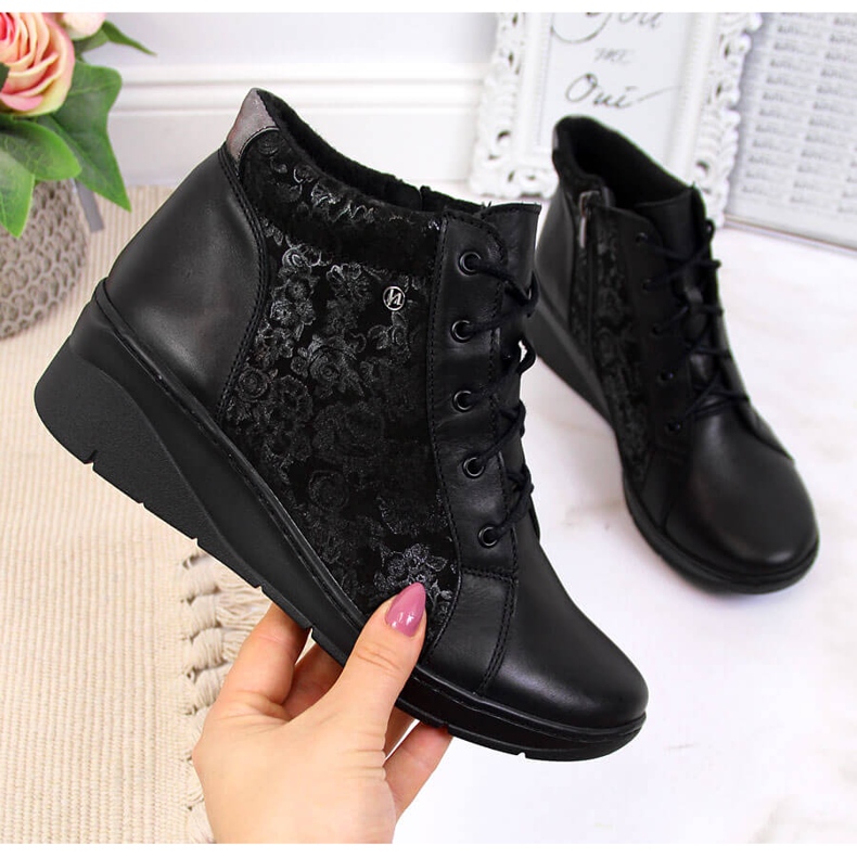 Botas femininas de couro preto com salto de cunha, preto Helios 537 2