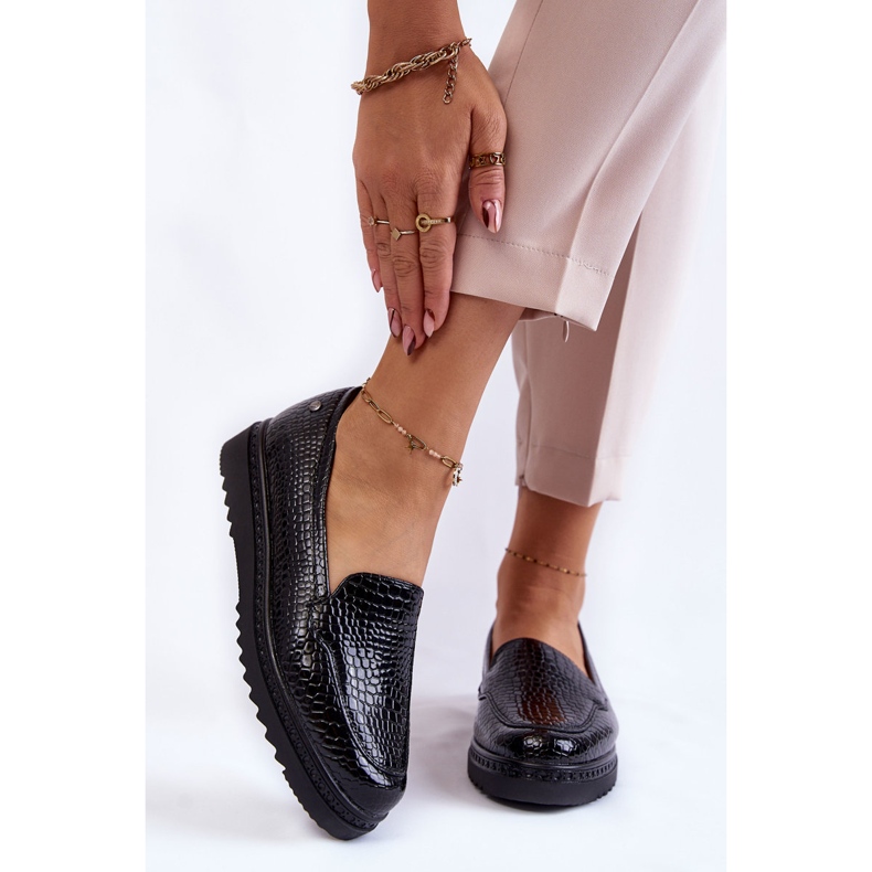 Vinceza Mocassins lacados com padrão de crocodilo na plataforma Black Diane preto 1