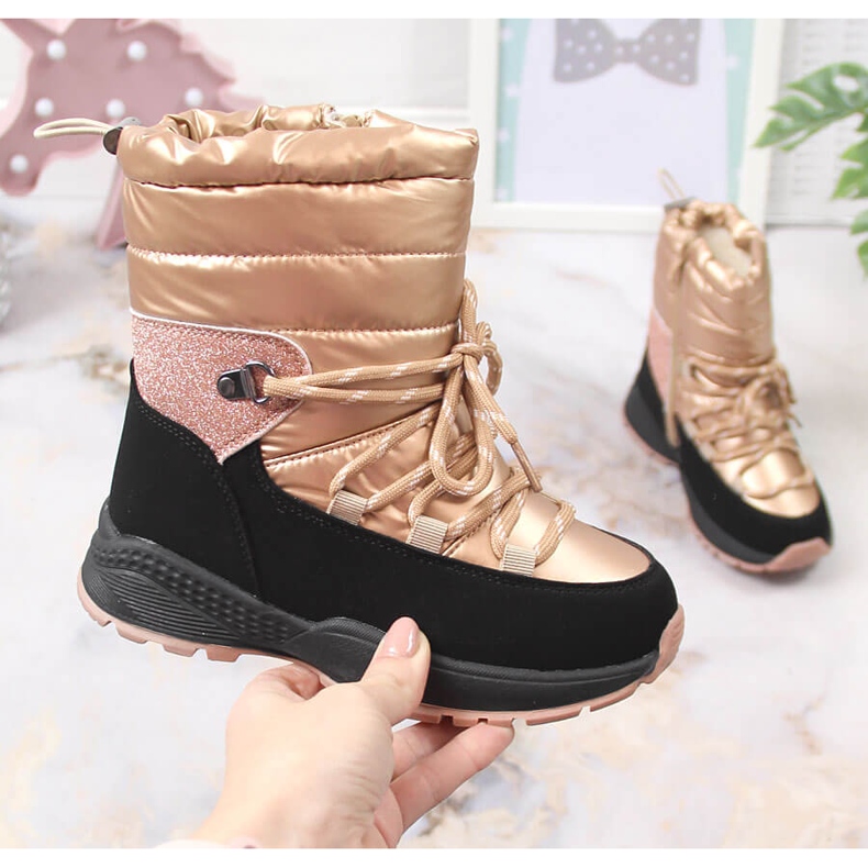 News Botas de neve para menina, isoladas com lã de ovelha, dourado Notícias preto 1