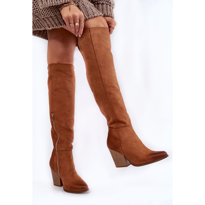 Lewski Shoes Botas femininas de couro com coxa alta Lewski 2833 Camel marrom 2