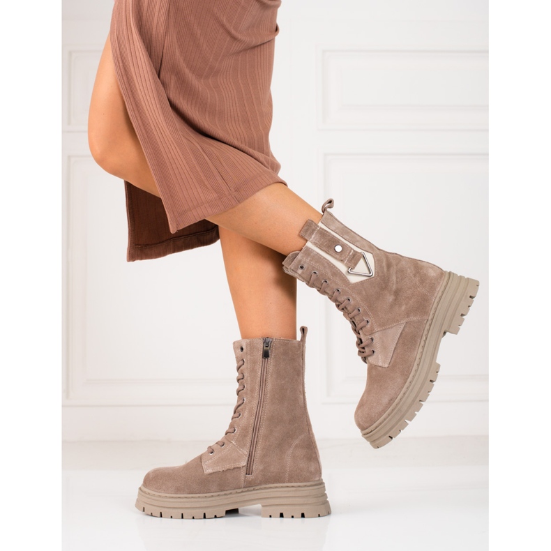 Botas de caminhada femininas High Shelovet feitas de couro natural bege 2