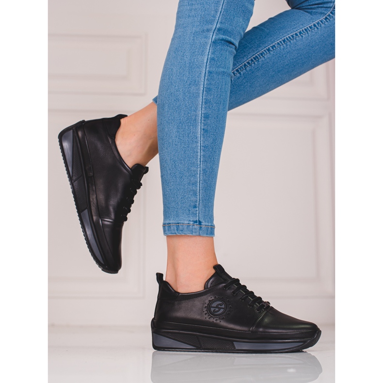 Sapatos esportivos femininos Shelovet pretos feitos de couro natural 1