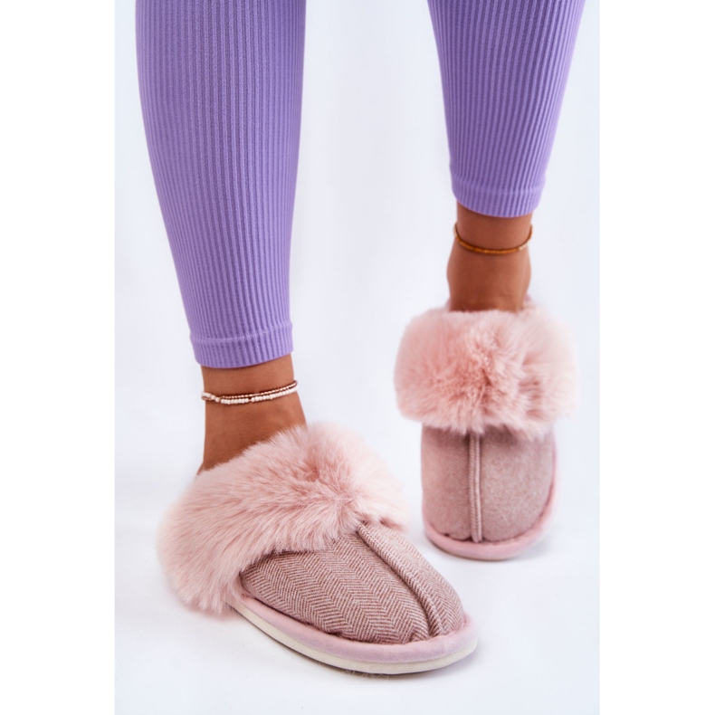 Chinelos quentes femininos com pele Bege-Rosa Franco marrom 1