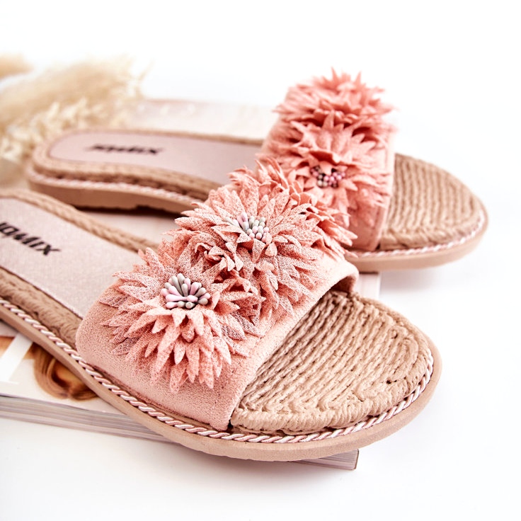 WJ1 Chinelos femininos com flores de tecido rosa Susana 1