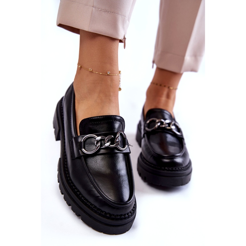 Sapatos de couro eco feminino la.fi preto com uma corrente 4