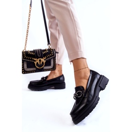 Sapatos de couro eco feminino la.fi preto com uma corrente 2