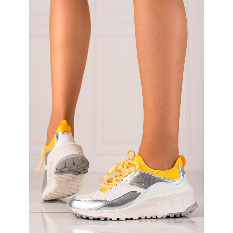 Goodin Tênis elegantes de couro branco prata amarelo 2