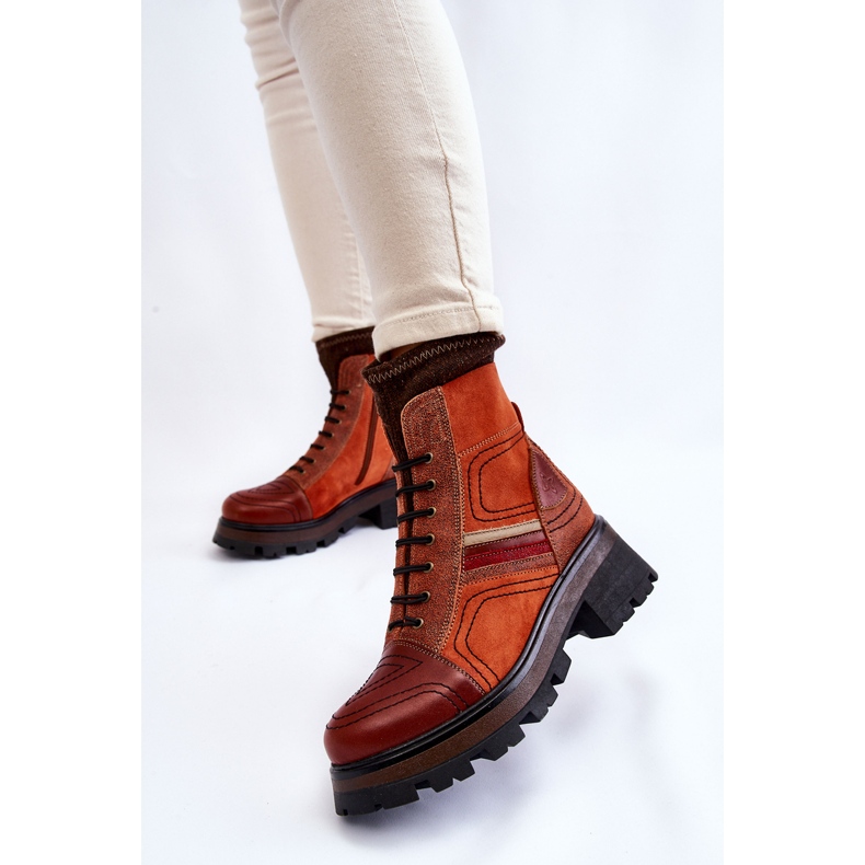 Botas femininas de couro salto baixo Maciejka 05624-08 laranja-marrom castanho 2