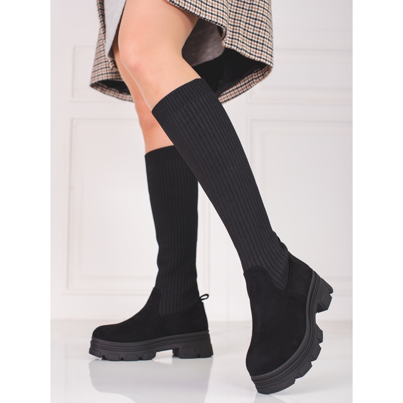 Botins de mulher com plataforma Shelovet preto com cano elástico 1