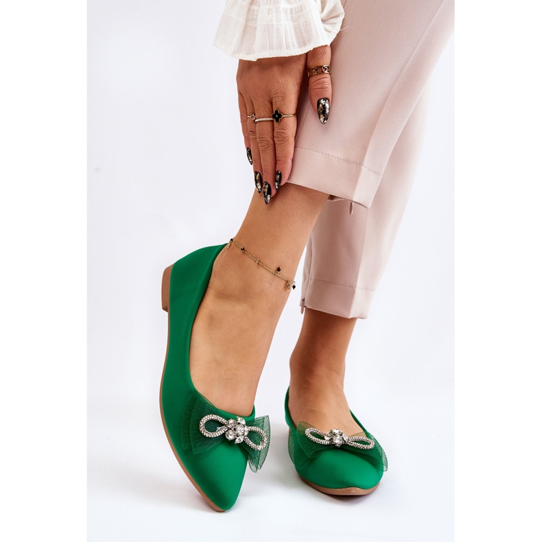 PS1 Bailarinas femininas pontiagudas com laço decorativo verde luminoso 1