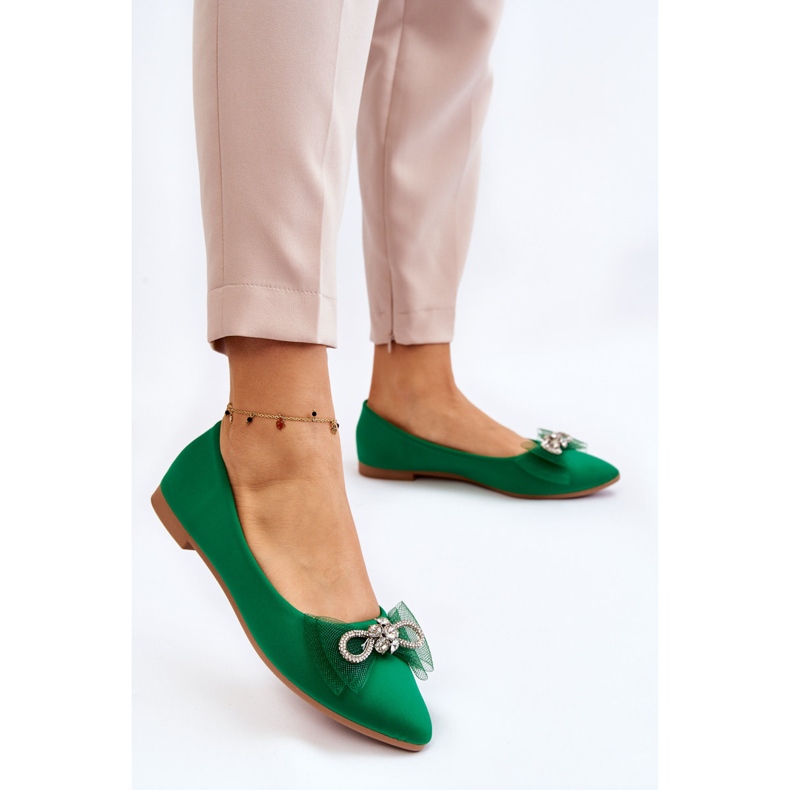 PS1 Bailarinas femininas pontiagudas com laço decorativo verde luminoso 2