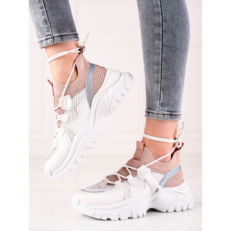 TRENDI Tênis confortáveis com cadarço branco rosa 1 TRENDI Tênis confortáveis com cadarço branco rosa 1