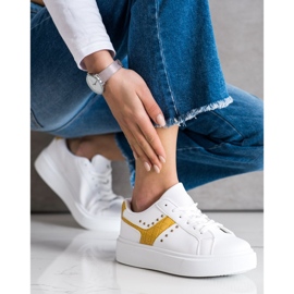 SHELOVET Tênis casuais de couro ecológico branco amarelo 2