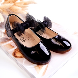 Vinceza Bailarinas infantis em couro envernizado com velcro e laço, pretas preto 3