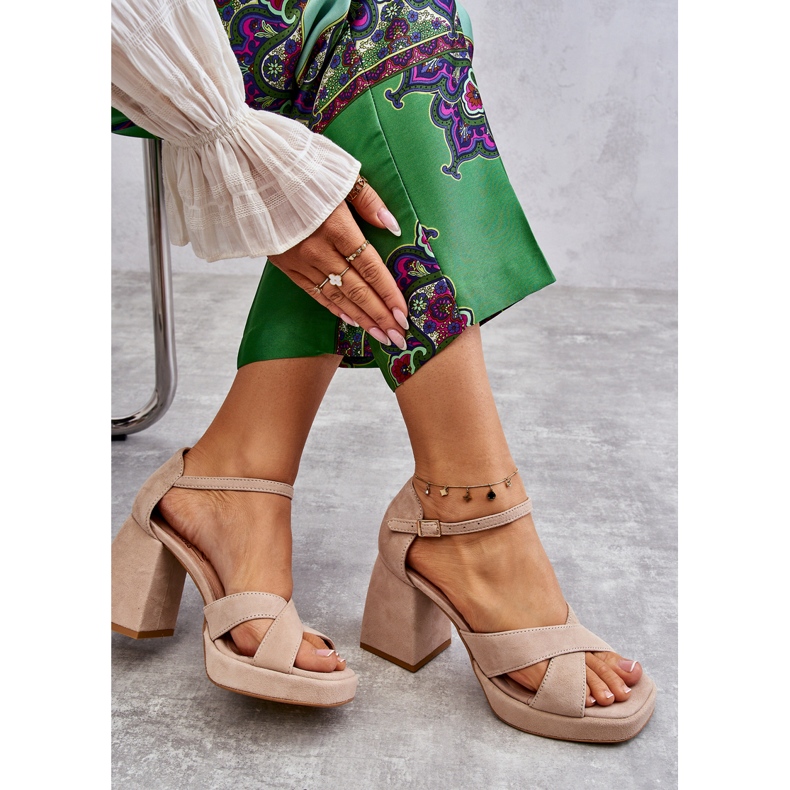 Lewski Shoes Sandálias femininas de camurça com salto esquerdo sapatos 3221 bege marrom 1