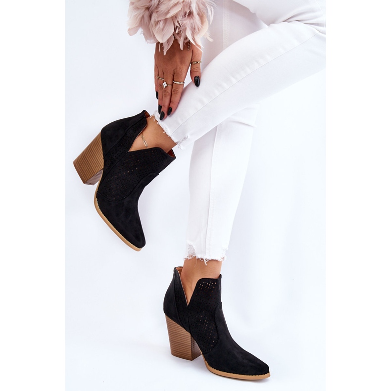 PM1 Botas femininas de salto alto em camurça perfurada tons pretos 2