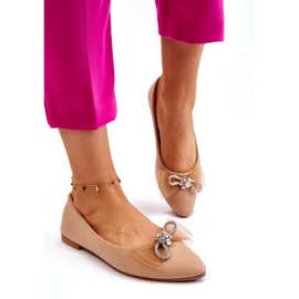 Bailarinas femininas de bico fino com laço decorativo, bege escuro 3