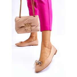 Bailarinas femininas de bico fino com laço decorativo, bege escuro 1