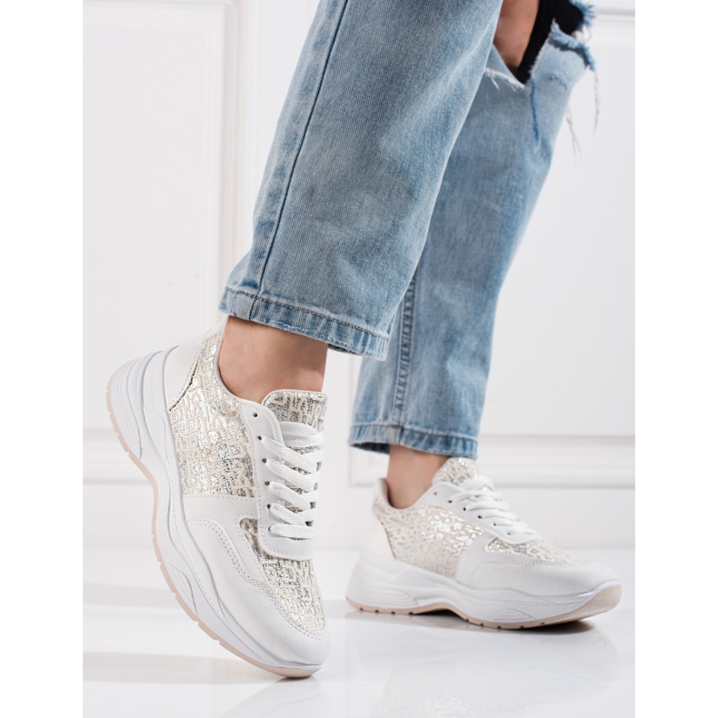 Sapatos desportivos de mulher Shelovet com padrão brilhante branco prata 2