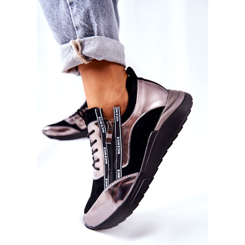 POTOCKI Tênis esportivos metálicos de couro preto e prata 1