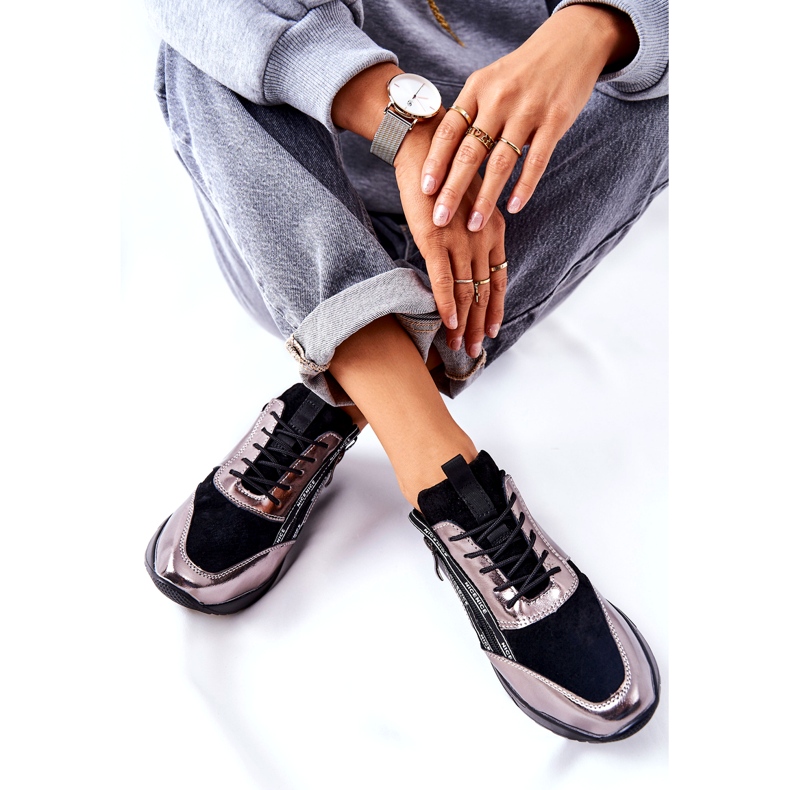 POTOCKI Tênis esportivos metálicos de couro preto e prata 3