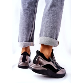 POTOCKI Tênis esportivos metálicos de couro preto e prata 4