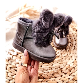 Botas de neve infantil com pele com orelhas coelho cinza marrom prata 1