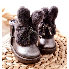 Botas de neve infantil com pele com orelhas coelho cinza castanho prata 2