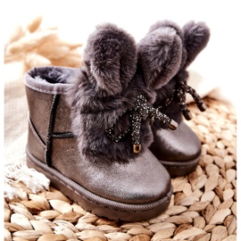 Botas de neve infantil com pele com orelhas coelho cinza castanho prata 3