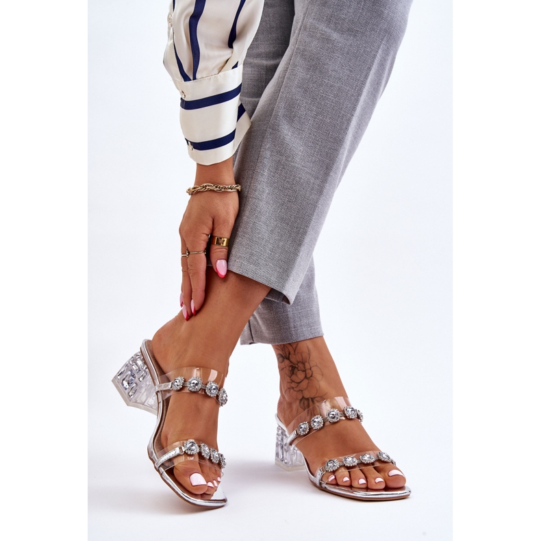 S.Barski Chinelos femininos com zircões decorativos prata Leyla 2