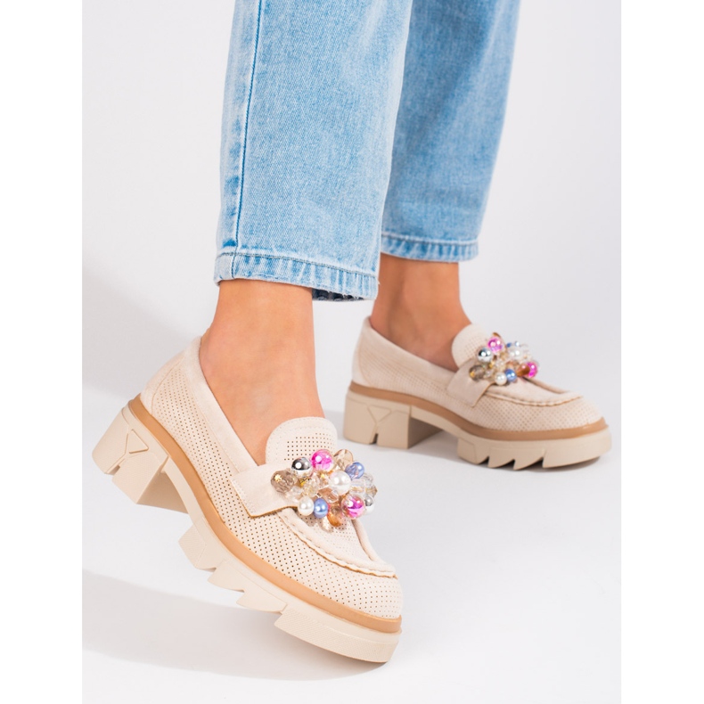 Seastar Mocassins de mulher Shelovet camurça com cristais bege 1