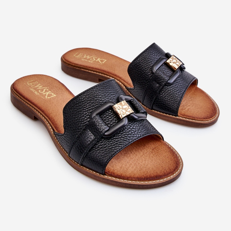 Lewski Shoes Chinelos femininos de couro Leewski sapatos 3270 preto dourado 1