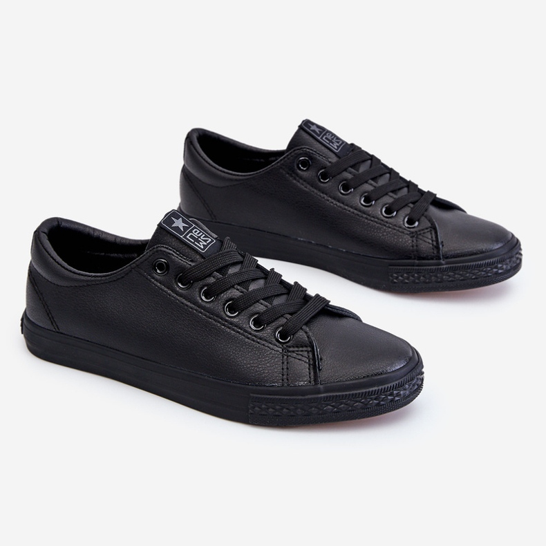 News Tênis clássico feminino de couro com cadarço preto Misima 1