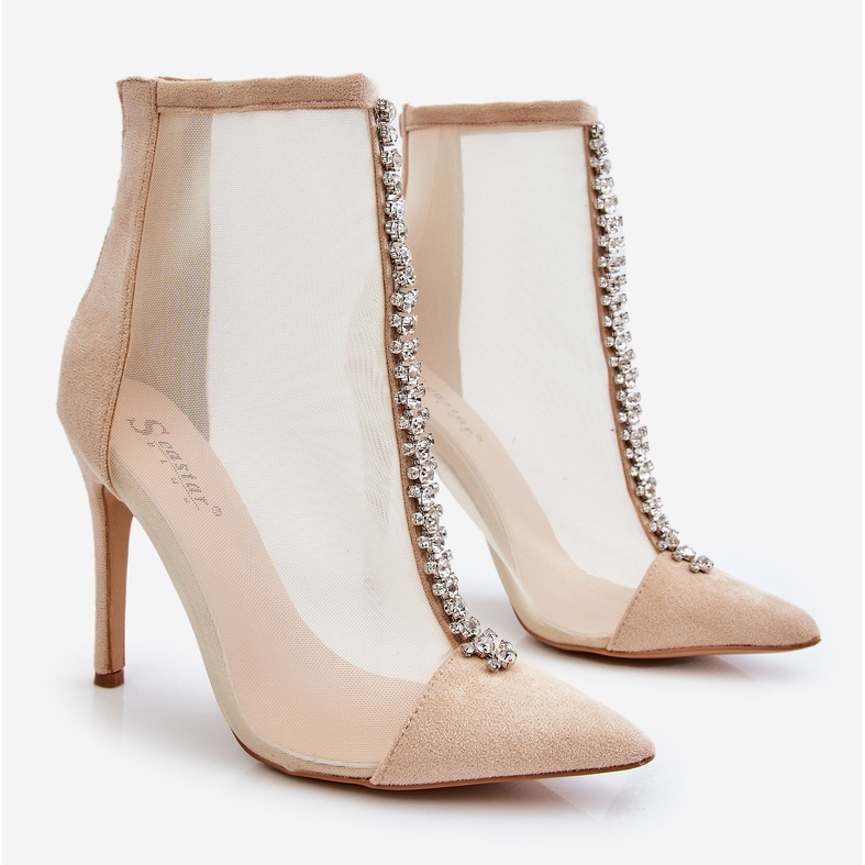 Botas femininas elegantes de salto alto com malha bege Rummi 1