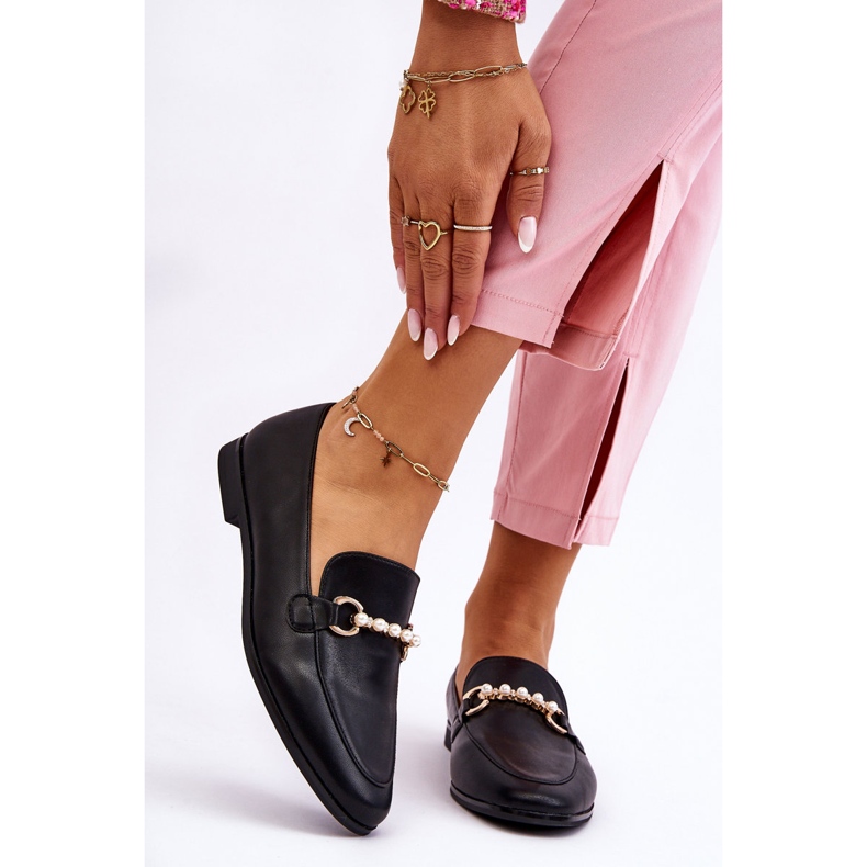 PG1 Mocassim feminino de couro com pérolas decorativas preto Ishan 1