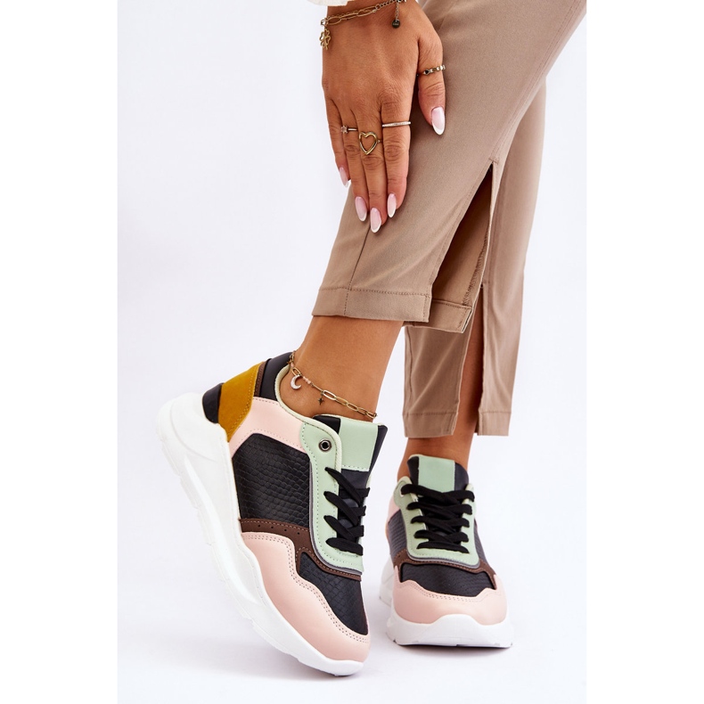 PG1 Tênis de plataforma de couro feminino preto e verde Chaya 1