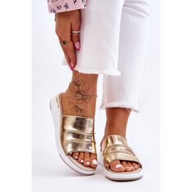 S.Barski Chinelos femininos de couro com salto baixo dourado Leona 1