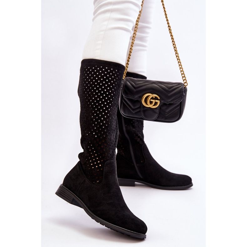 S.Barski Botas Femininas de Camurça Openwork Over Knee Savannah preto 2